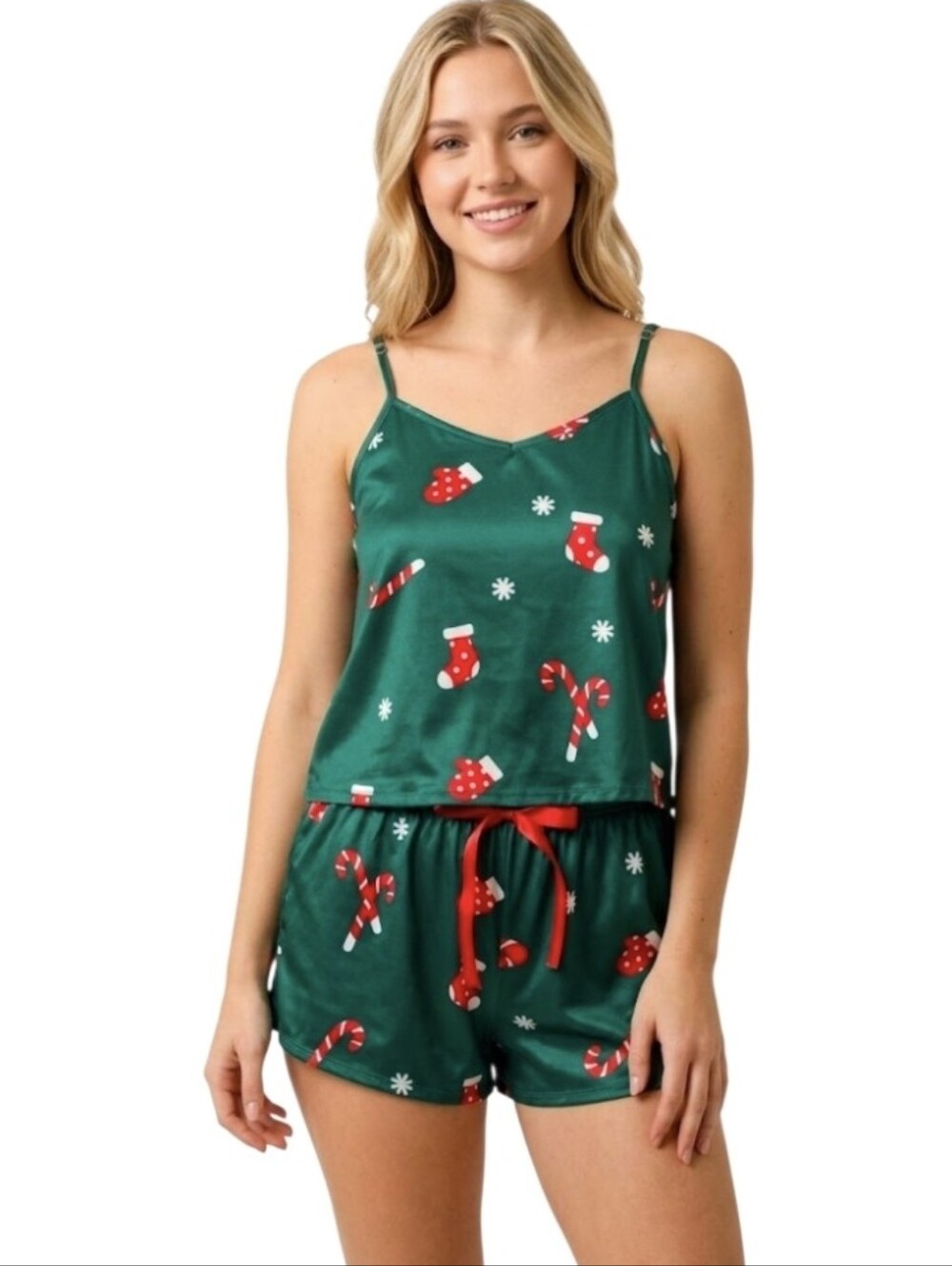 Women's Green Candy Cane Holiday Satin Cami & Short Set Pajamas